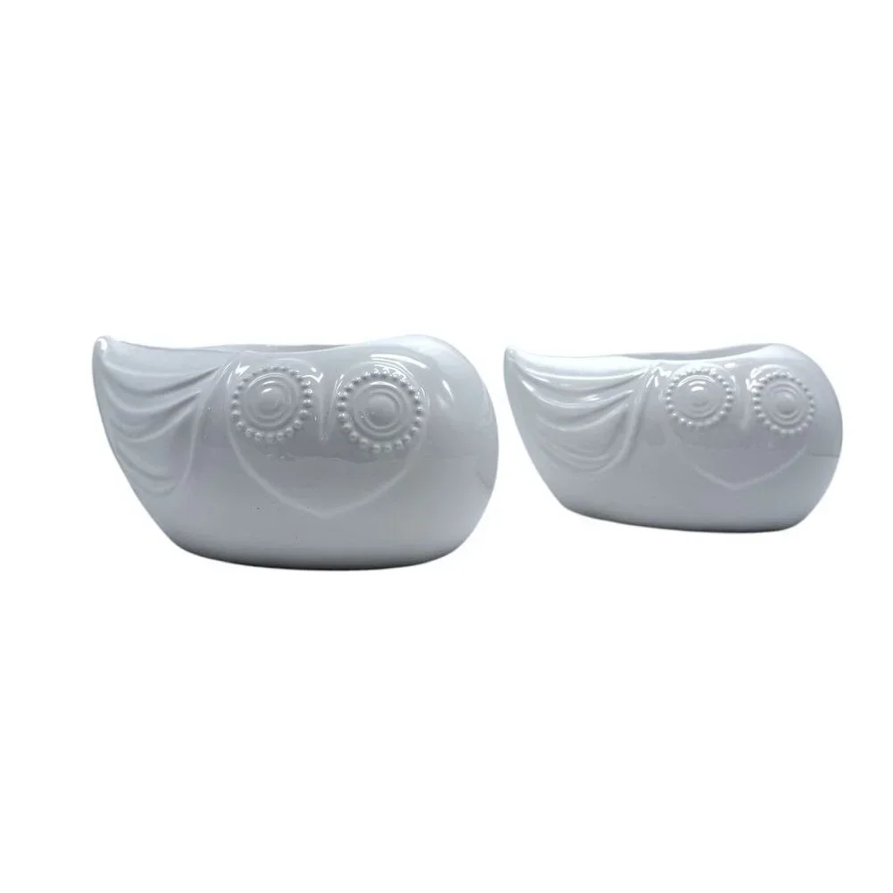 Jonathan Adler Pair Of White Ceramic Owl Tea-light Holders